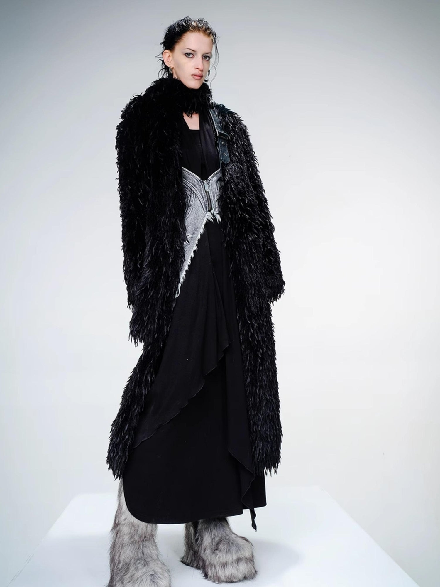 UpdateNN NORTH NODE Long Feathered Trench Coat with Detachable Leather Belt