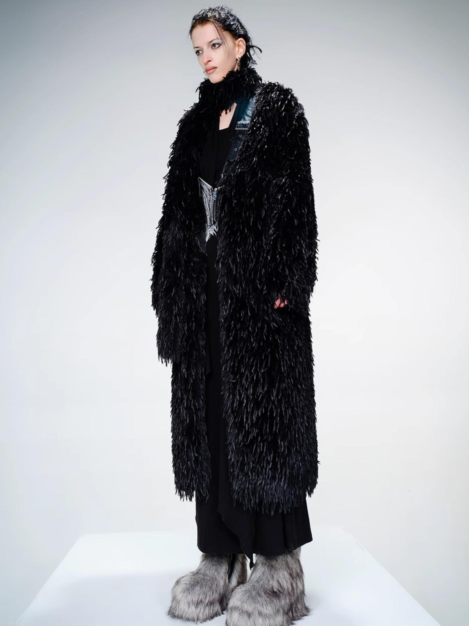 UpdateNN NORTH NODE Long Feathered Trench Coat with Detachable Leather Belt