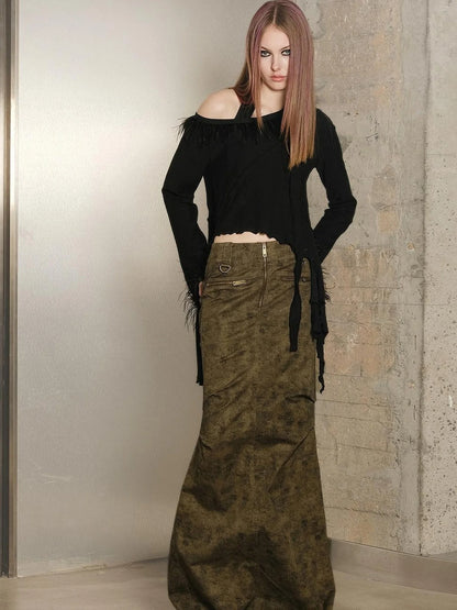 Long Fishtail Skirt with Embellished Print