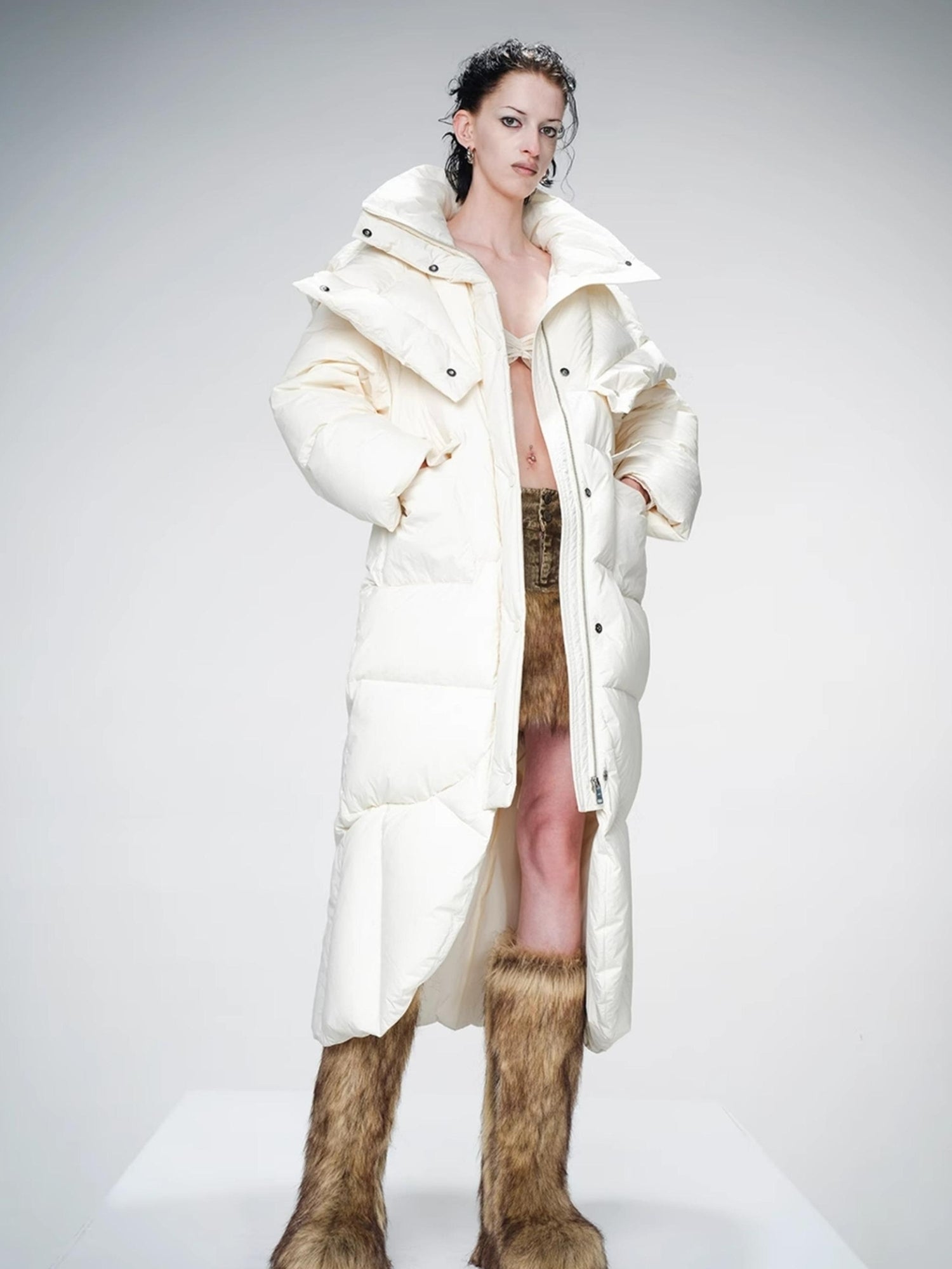 Long Hooded Down Coat With 90 % White Duck Feather Lightweight