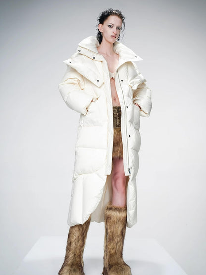 Long Hooded Down Coat With 90 % White Duck Feather Lightweight