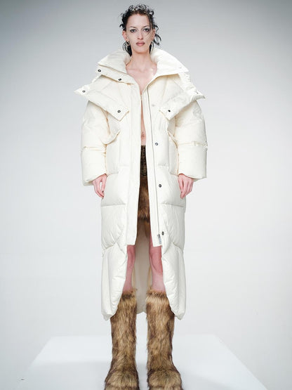 Long Hooded Down Coat With 90 % White Duck Feather Lightweight