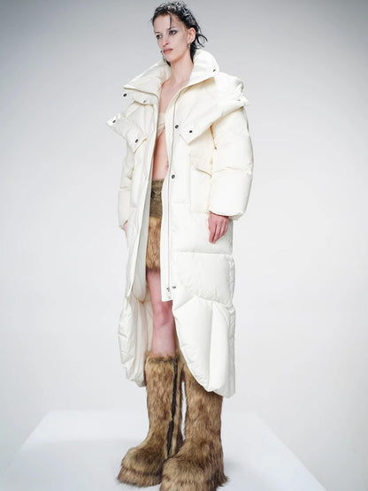 Long Hooded Down Coat With 90 % White Duck Feather Lightweight