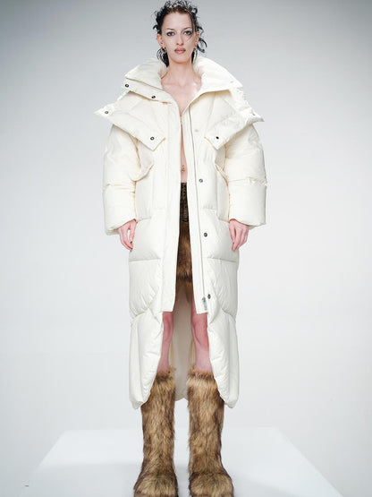 Long Hooded Down Coat With 90 % White Duck Feather Lightweight