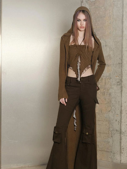 Long Hooded Slim Fit Knit Cardigan with Halter Neck Camisole