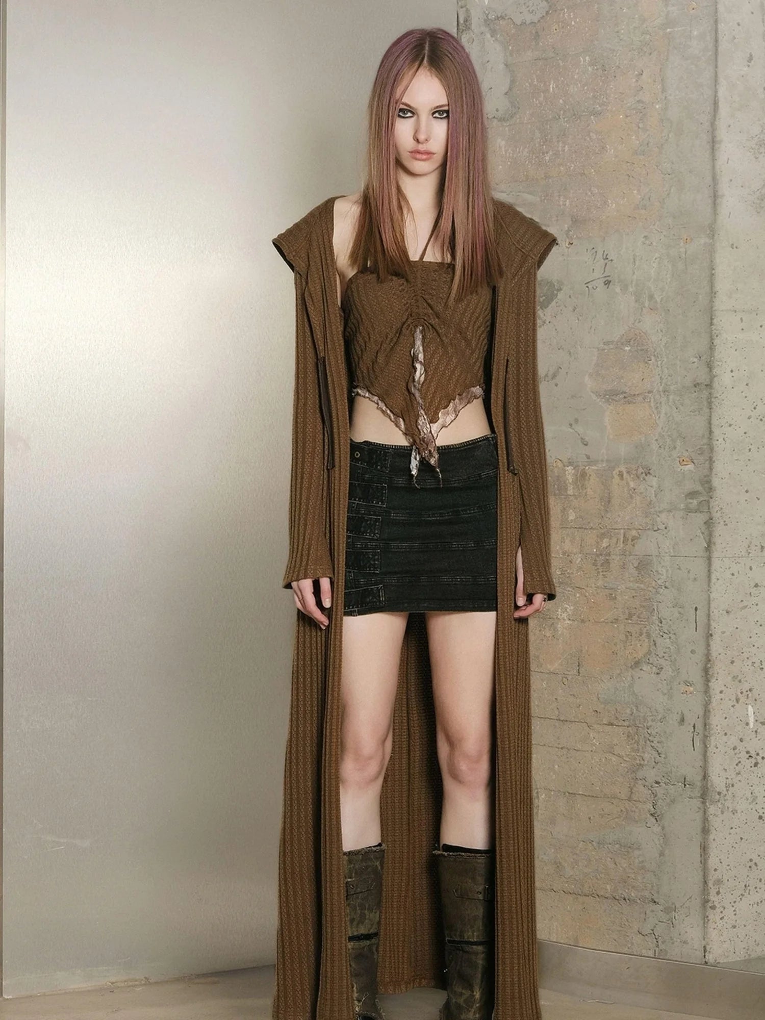 Long Hooded Slim Fit Knit Cardigan with Halter Neck Camisole