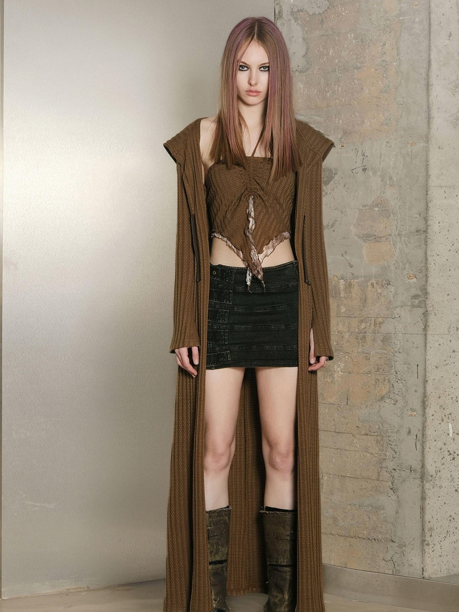 UpdateNN NORTH NODE Long Hooded Slim Fit Knit Cardigan with Halter Neck Camisole