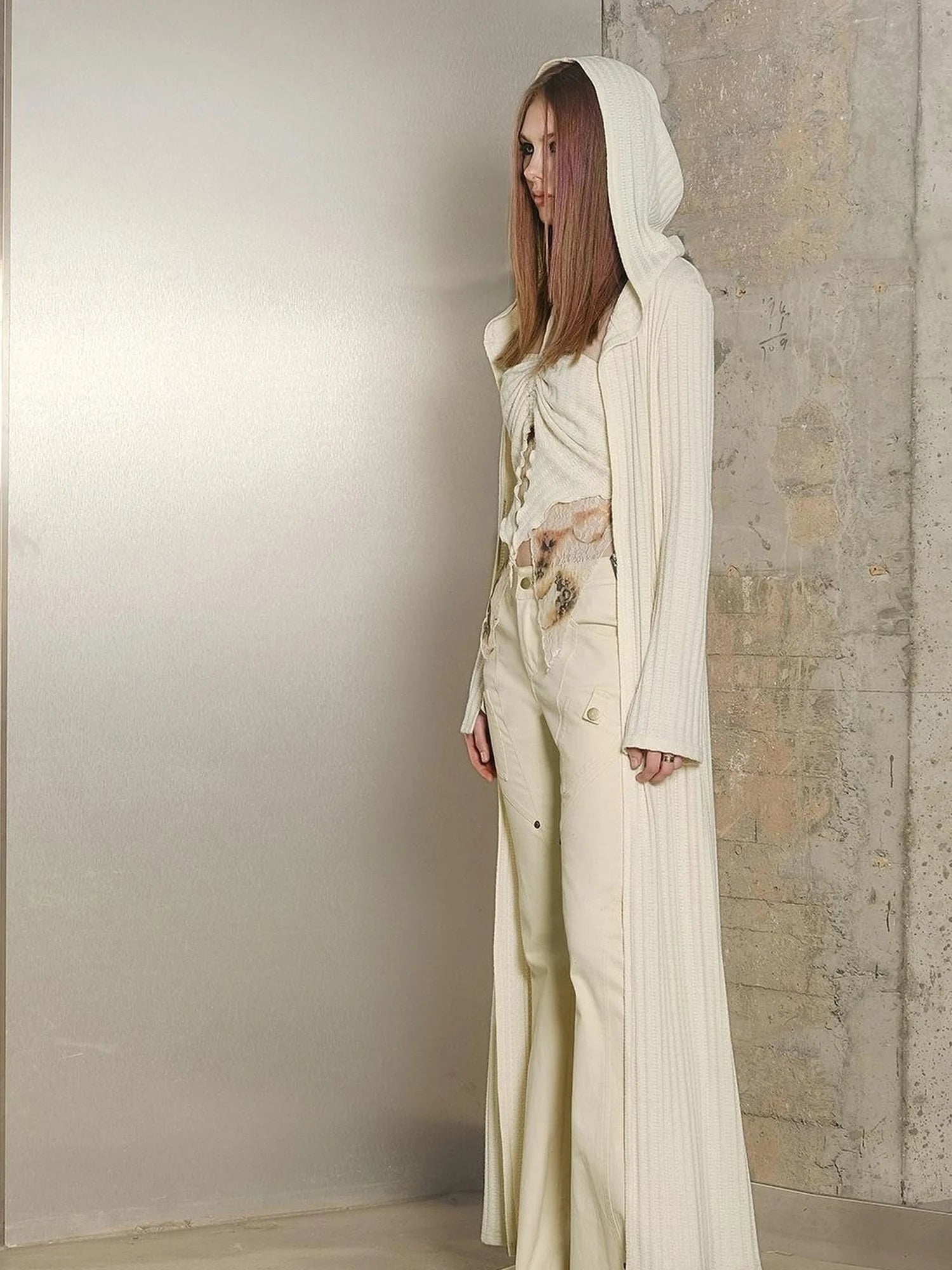 Long Hooded Slim Fit Knit Cardigan with Halter Neck Camisole