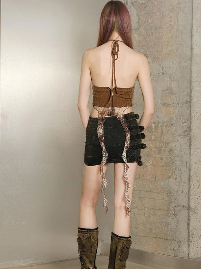 Long Hooded Slim Fit Knit Cardigan with Halter Neck Camisole