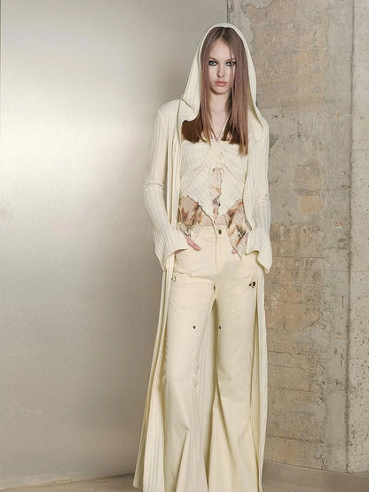 Long Hooded Slim Fit Knit Cardigan with Halter Neck Camisole