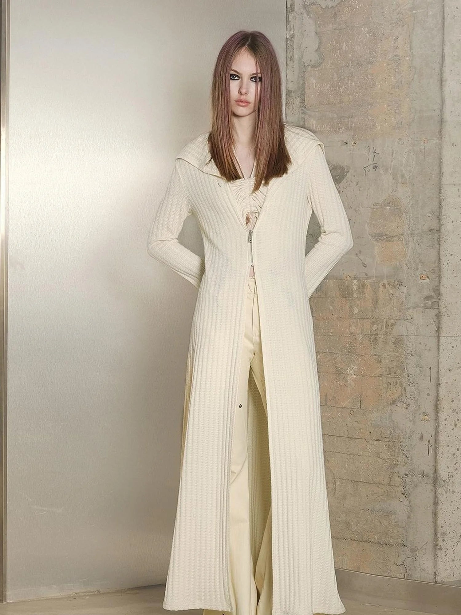 Long Hooded Slim Fit Knit Cardigan with Halter Neck Camisole