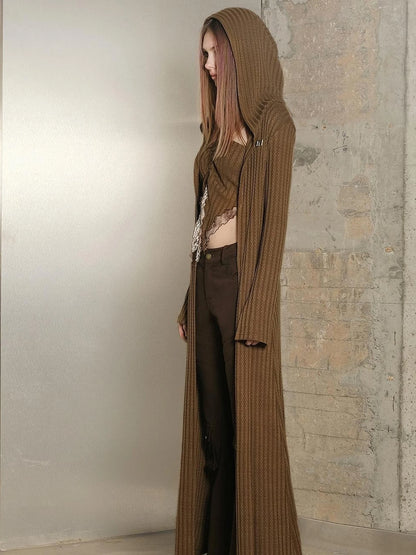 Long Hooded Slim Fit Knit Cardigan with Halter Neck Camisole