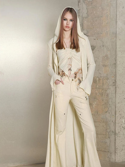 Long Hooded Slim Fit Knit Cardigan with Halter Neck Camisole