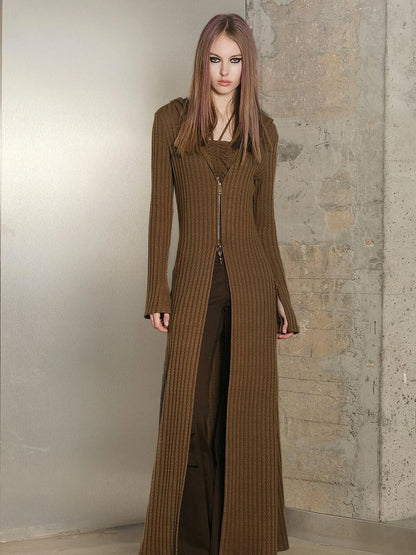 Long Hooded Slim Fit Knit Cardigan with Halter Neck Camisole