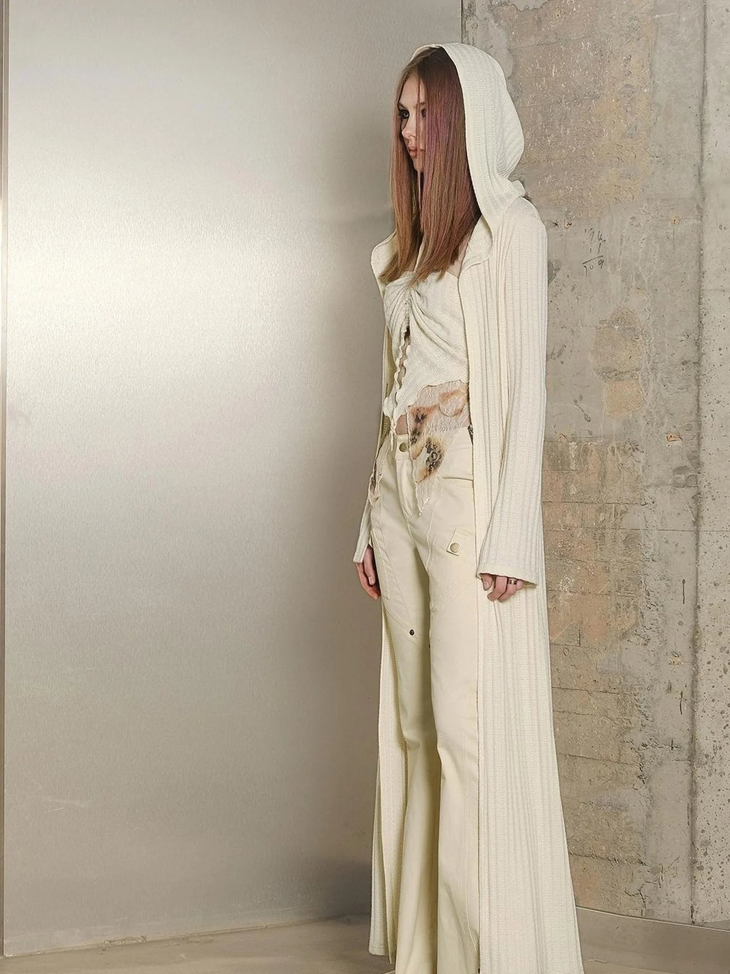 Long Hooded Slim Fit Knit Cardigan with Halter Neck Camisole