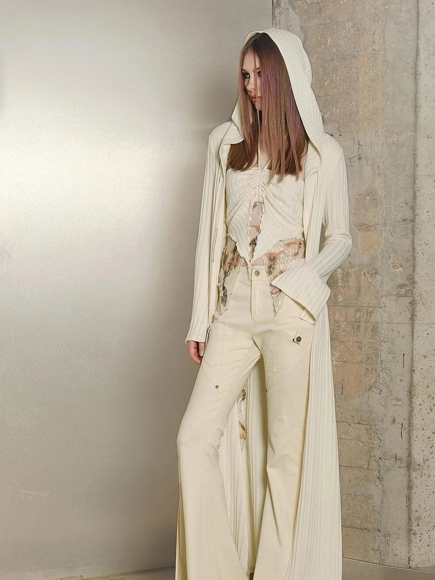 Long Hooded Slim Fit Knit Cardigan with Halter Neck Camisole