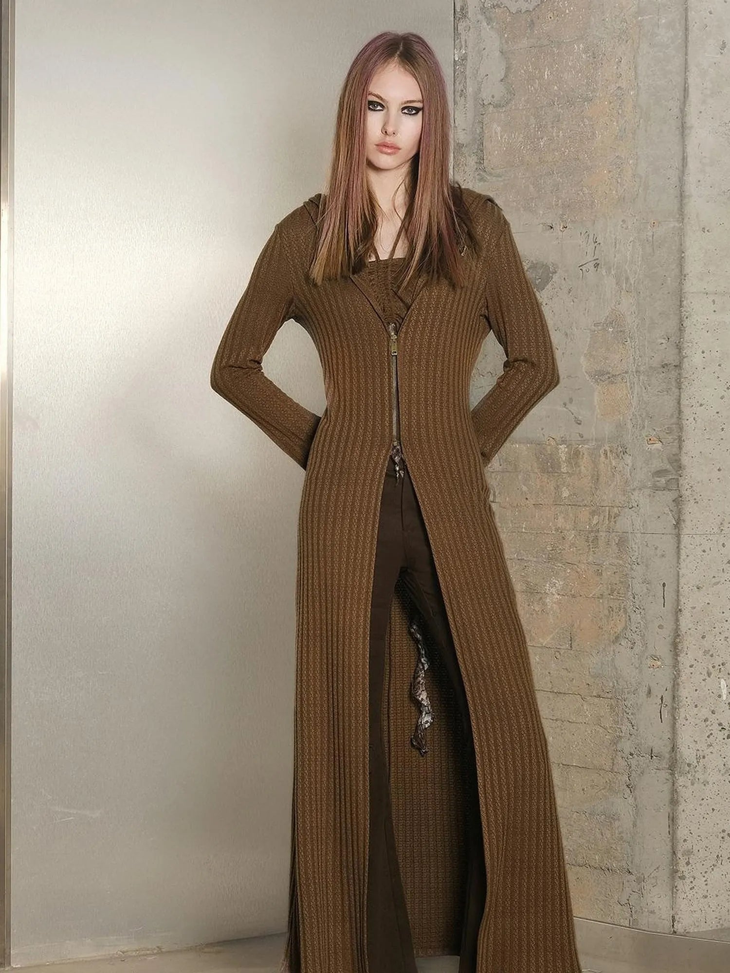 Long Hooded Slim Fit Knit Cardigan with Halter Neck Camisole