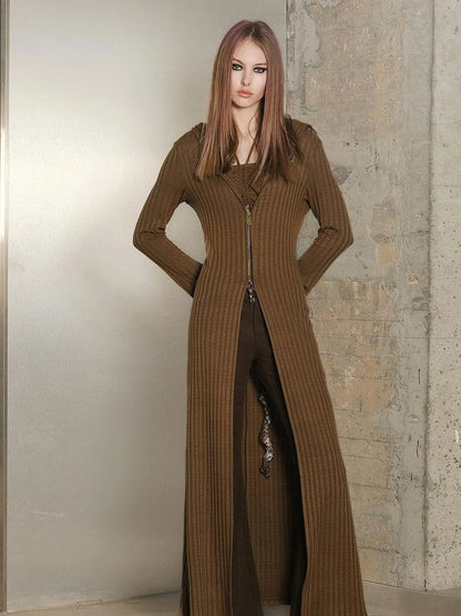 Long Hooded Slim Fit Knit Cardigan with Halter Neck Camisole