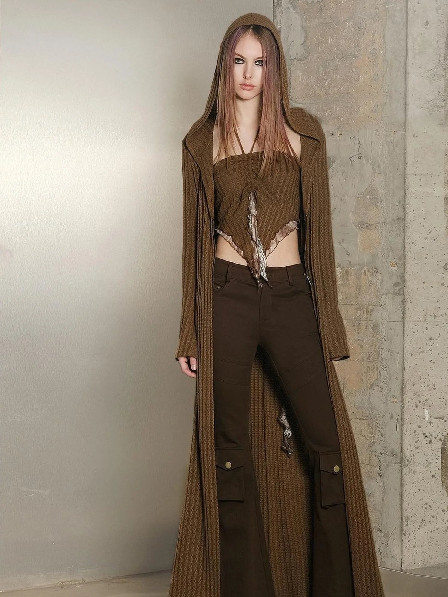 Long Hooded Slim Fit Knit Cardigan with Halter Neck Camisole