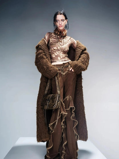 Long Knit Cardigan With Brushed Texture And Shawl Collar