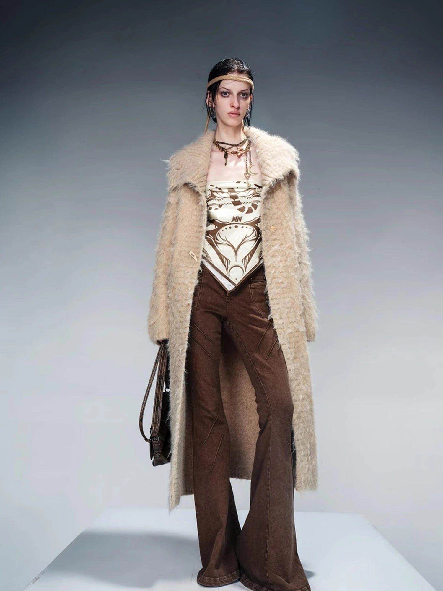 Long Knit Cardigan With Brushed Texture And Shawl Collar