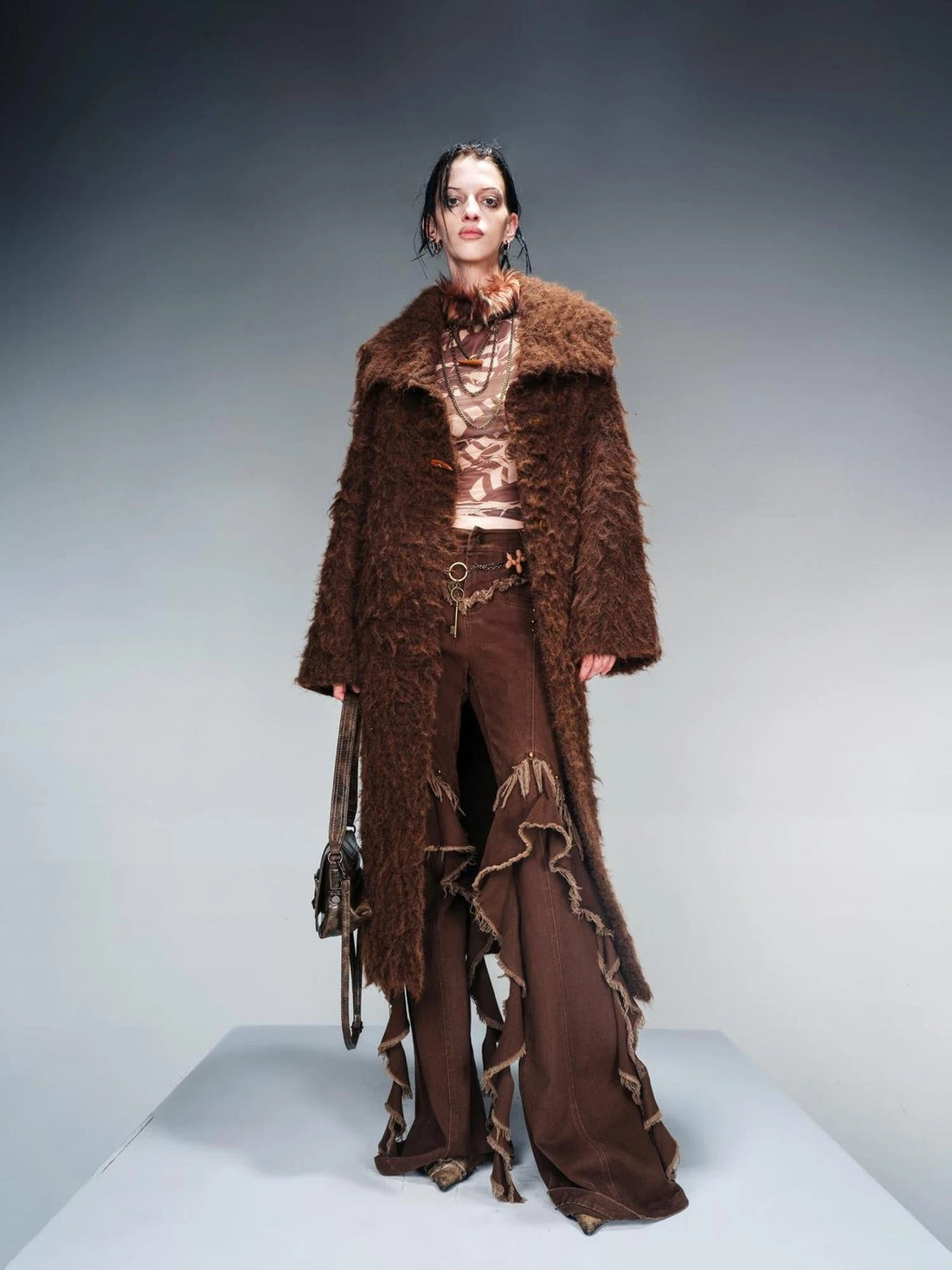 Long Knit Cardigan With Brushed Texture And Shawl Collar