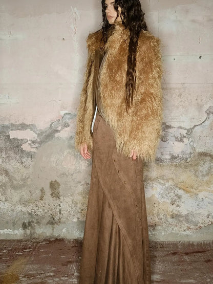 Long Plush Insulated Coat With Astral Motifs