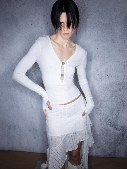UpdateNN NORTH NODE Low Back Beaded V-Neck Long Sleeve Top