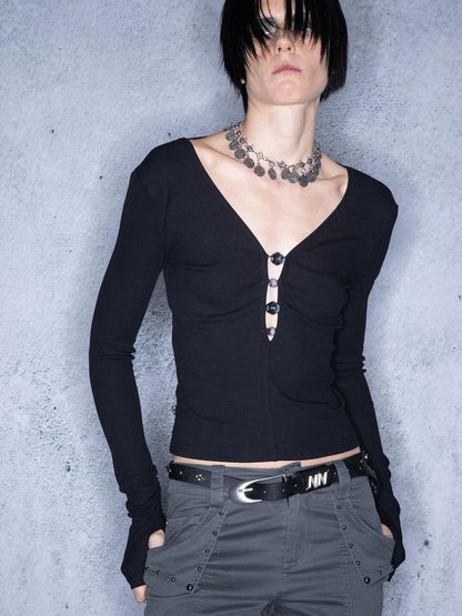 Low Back Beaded V-Neck Long Sleeve Top