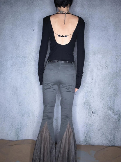 Low Back Beaded V-Neck Long Sleeve Top