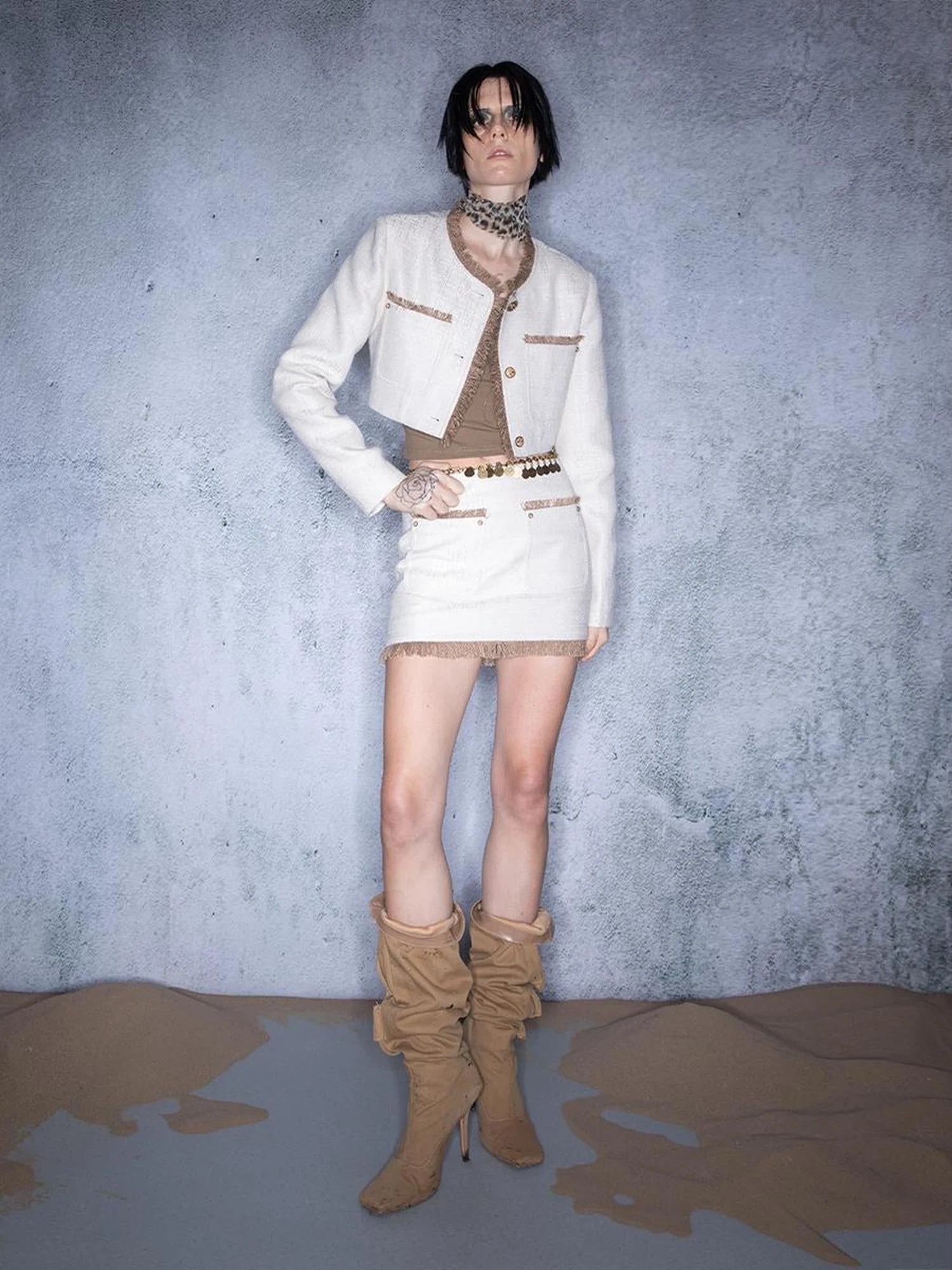 Luminous Pearl Tassel Color Block Tweed Set