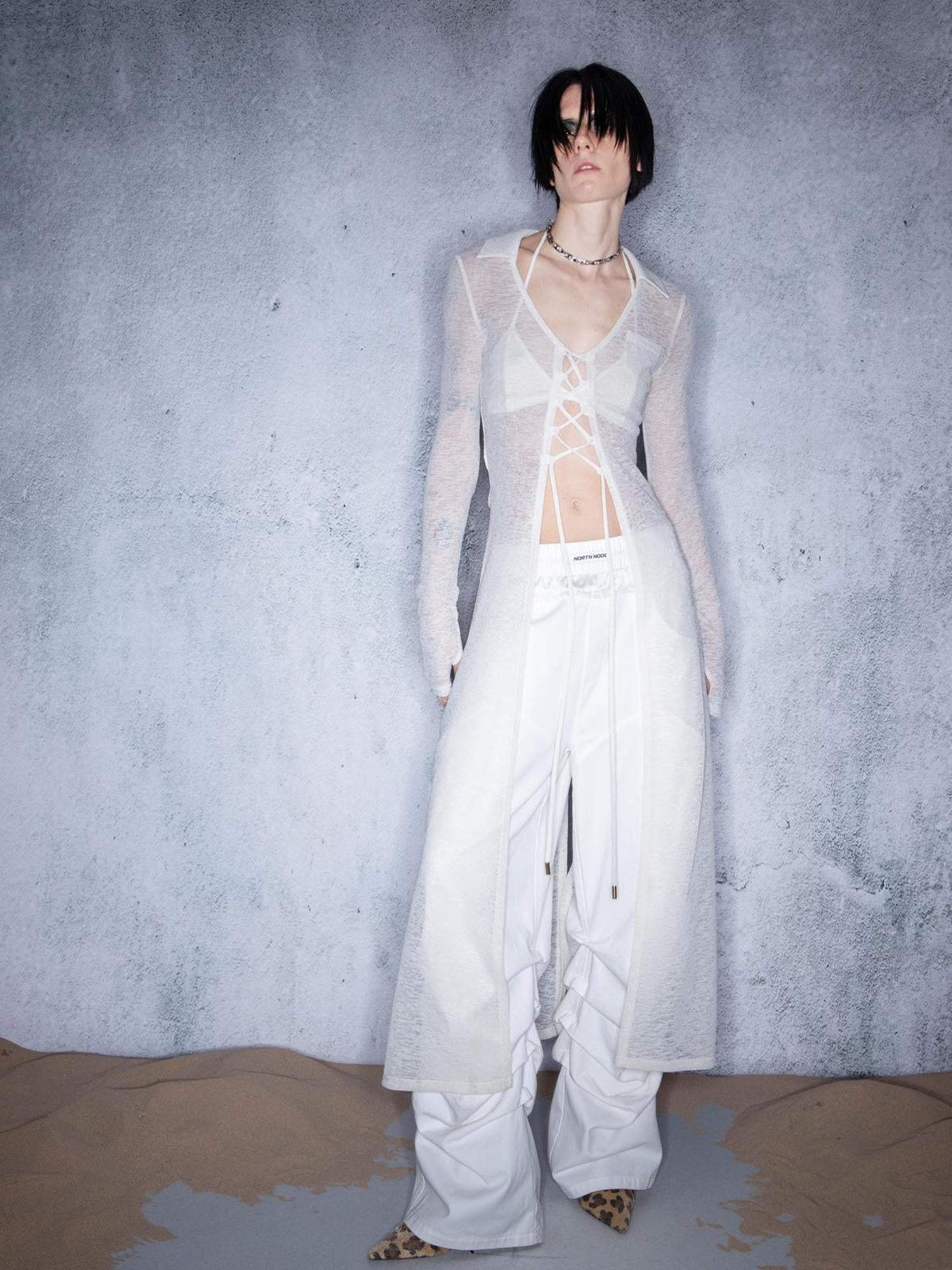 UpdateNN NORTH NODE Luminous Veil Lightweight Long Knit Cardigan With Tie Front