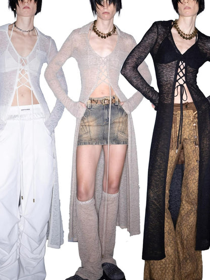 UpdateNN NORTH NODE Luminous Veil Lightweight Long Knit Cardigan With Tie Front