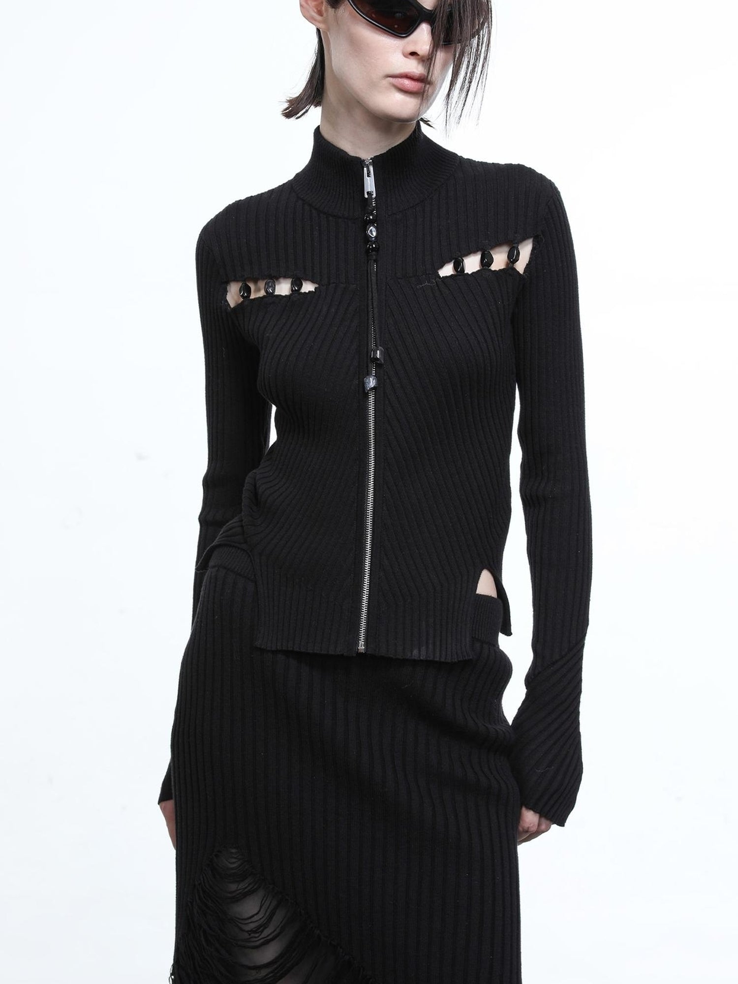 NN NORTH NODE Lunar Node Beaded Lace Knit Cropped Cardigan