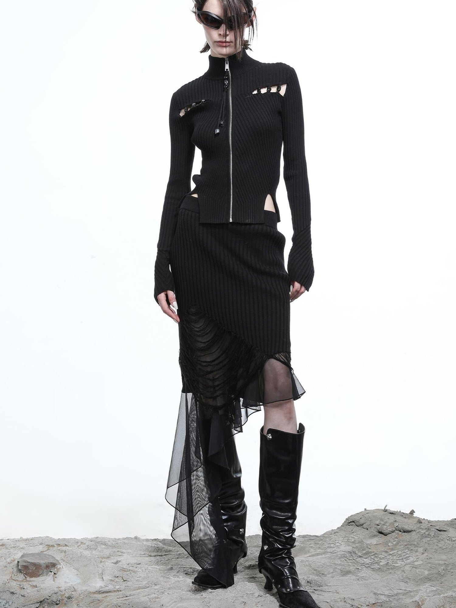 NN NORTH NODE Lunar Node Beaded Lace Knit Cropped Cardigan