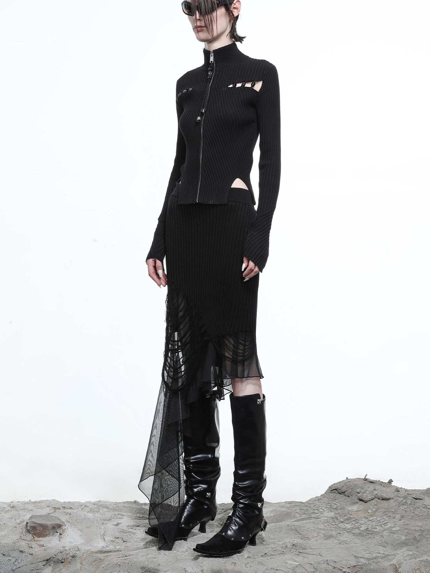 NN NORTH NODE Lunar Node Beaded Lace Knit Cropped Cardigan