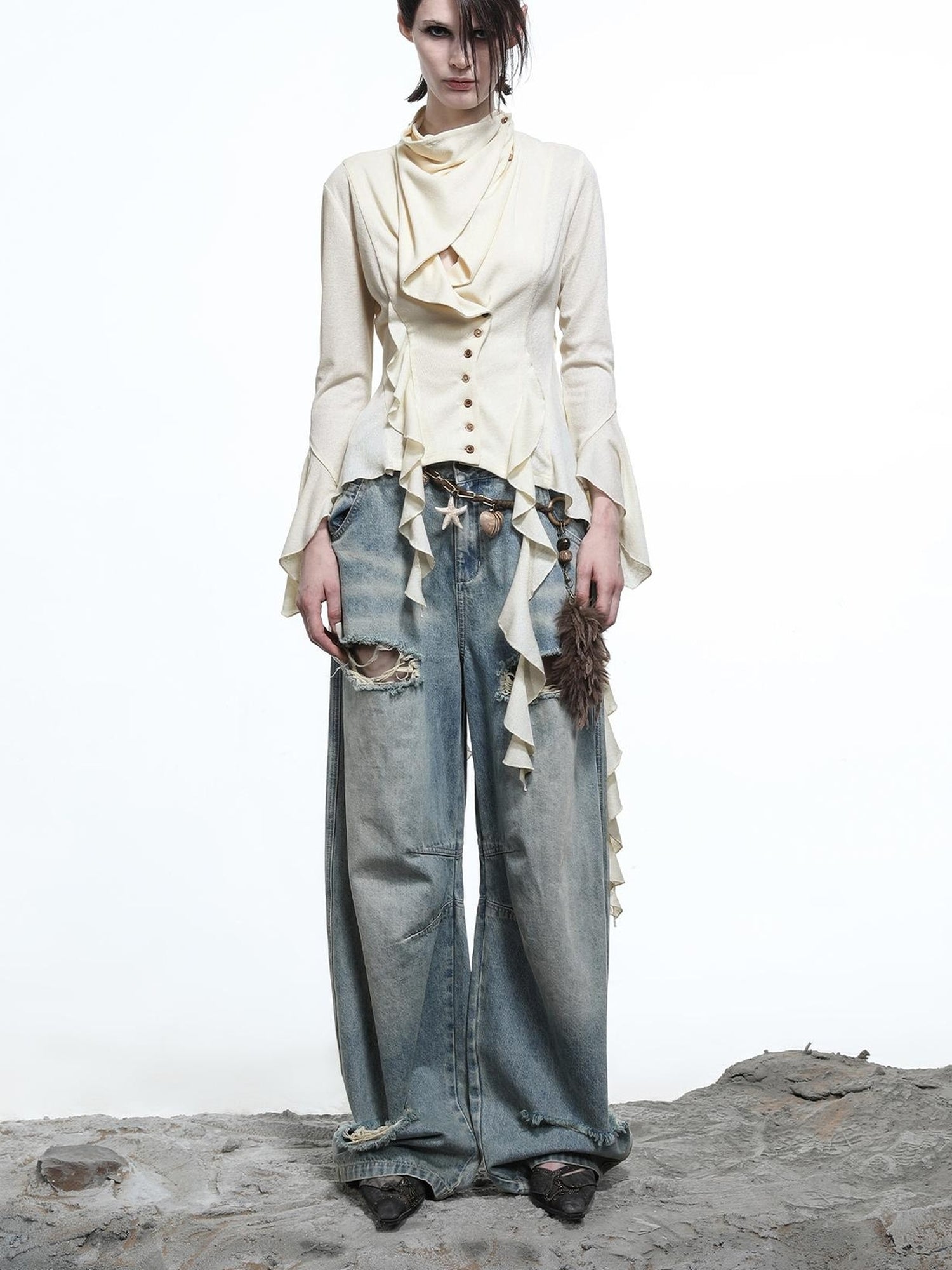 NN NORTH NODE Lycocell Asymmetrical Hem Knit Cardigan