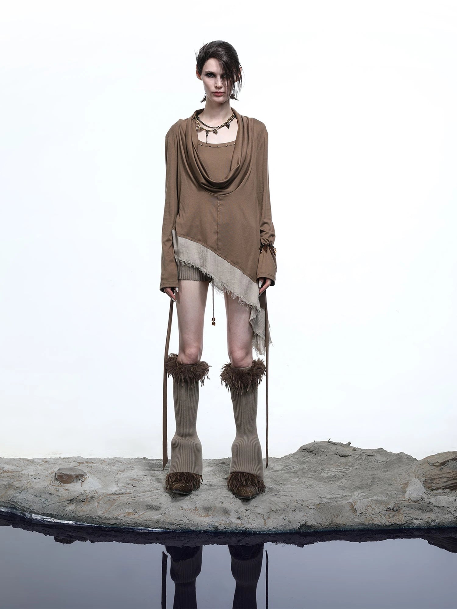 Lyocell Draped Asymmetric Hem Knit T-shirt