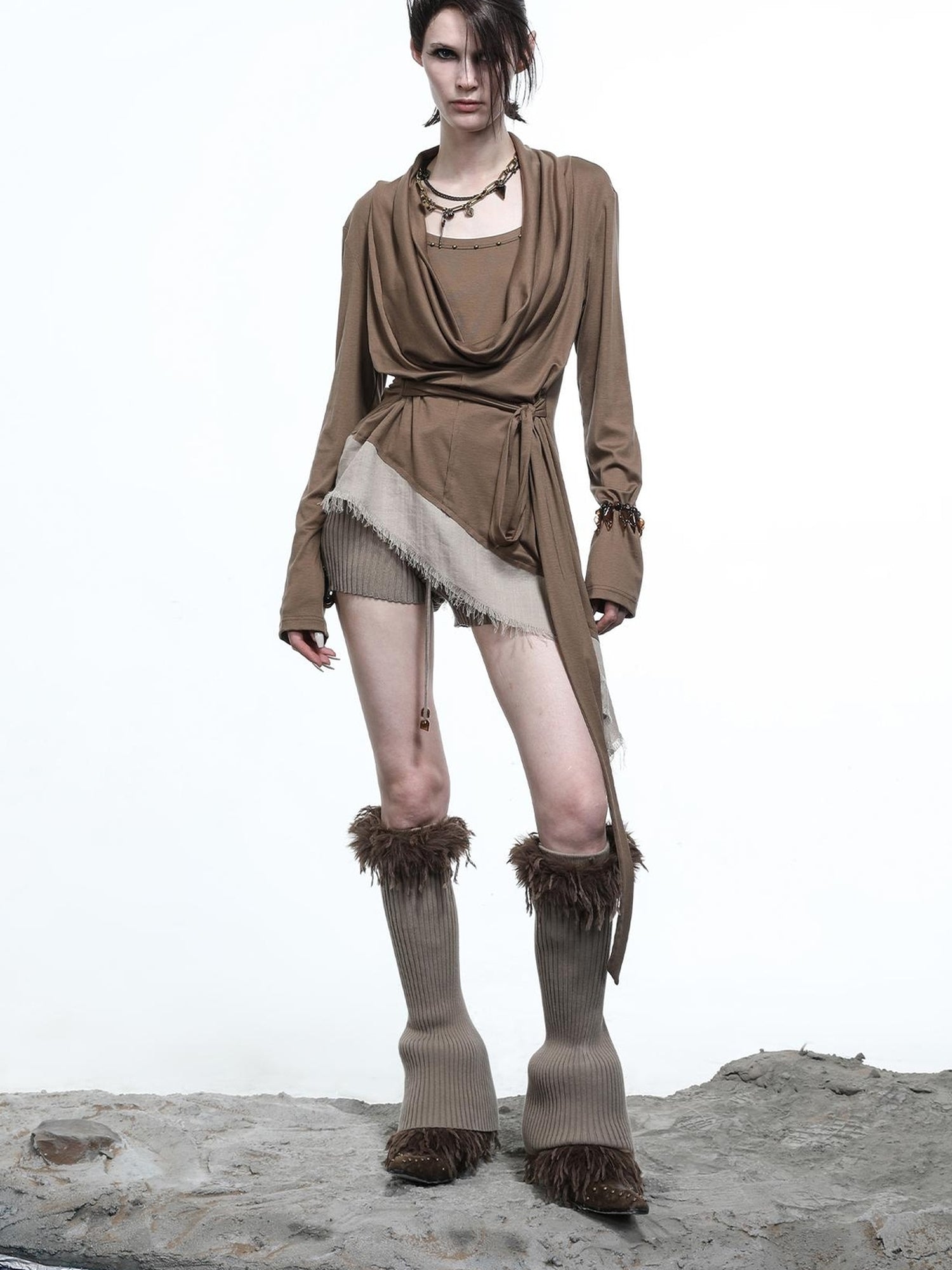 NN NORTH NODE Lyocell Draped Asymmetric Hem Knit T-shirt