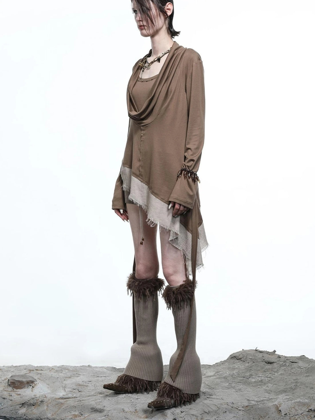 Lyocell Draped Asymmetric Hem Knit T-shirt