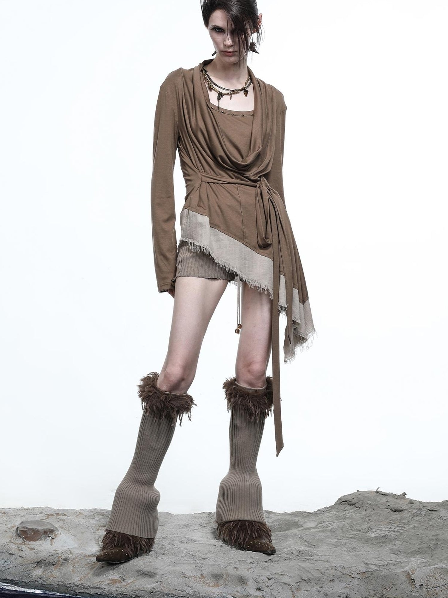 NN NORTH NODE Lyocell Draped Asymmetric Hem Knit T-shirt