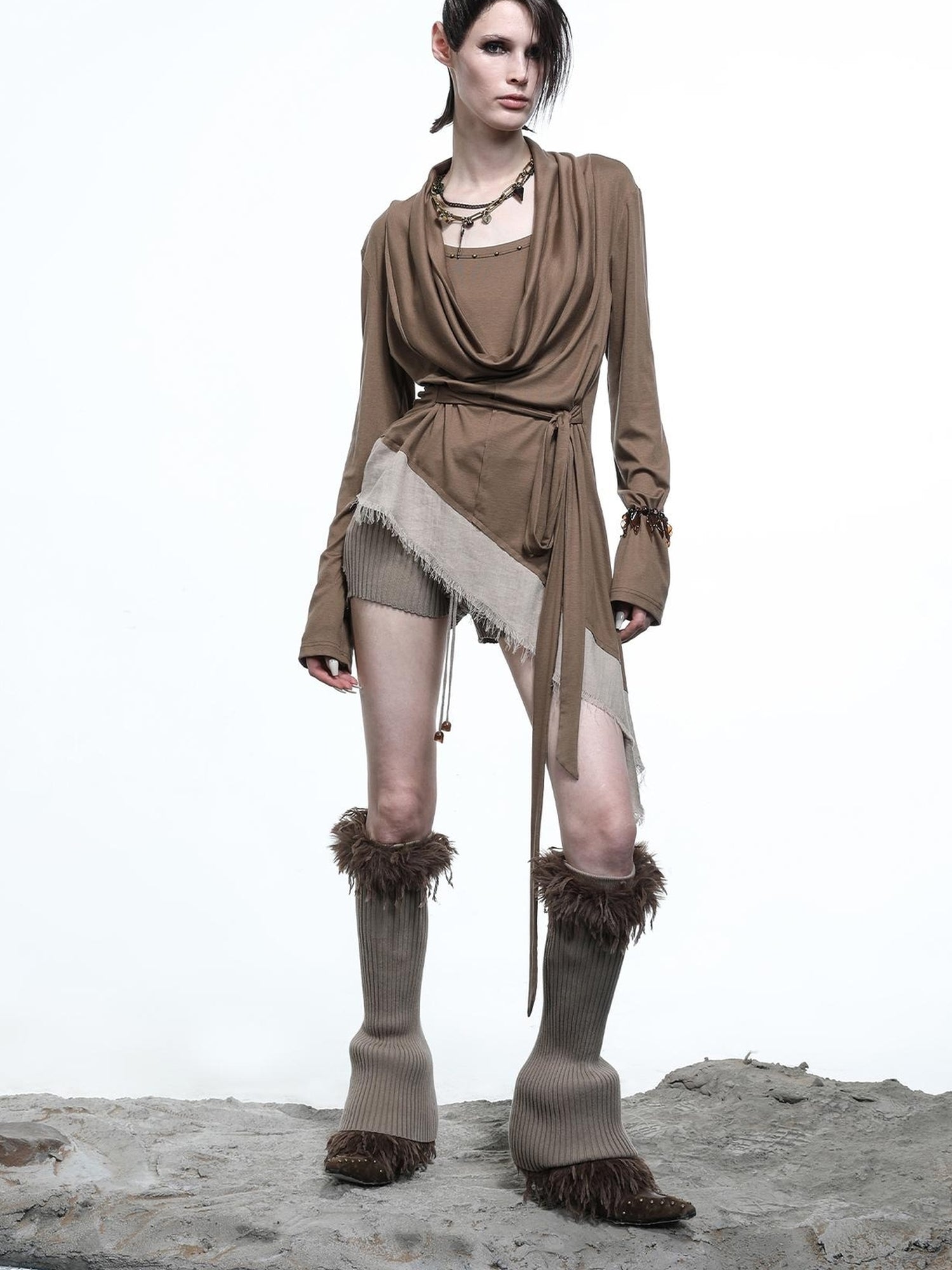 NN NORTH NODE Lyocell Draped Asymmetric Hem Knit T-shirt