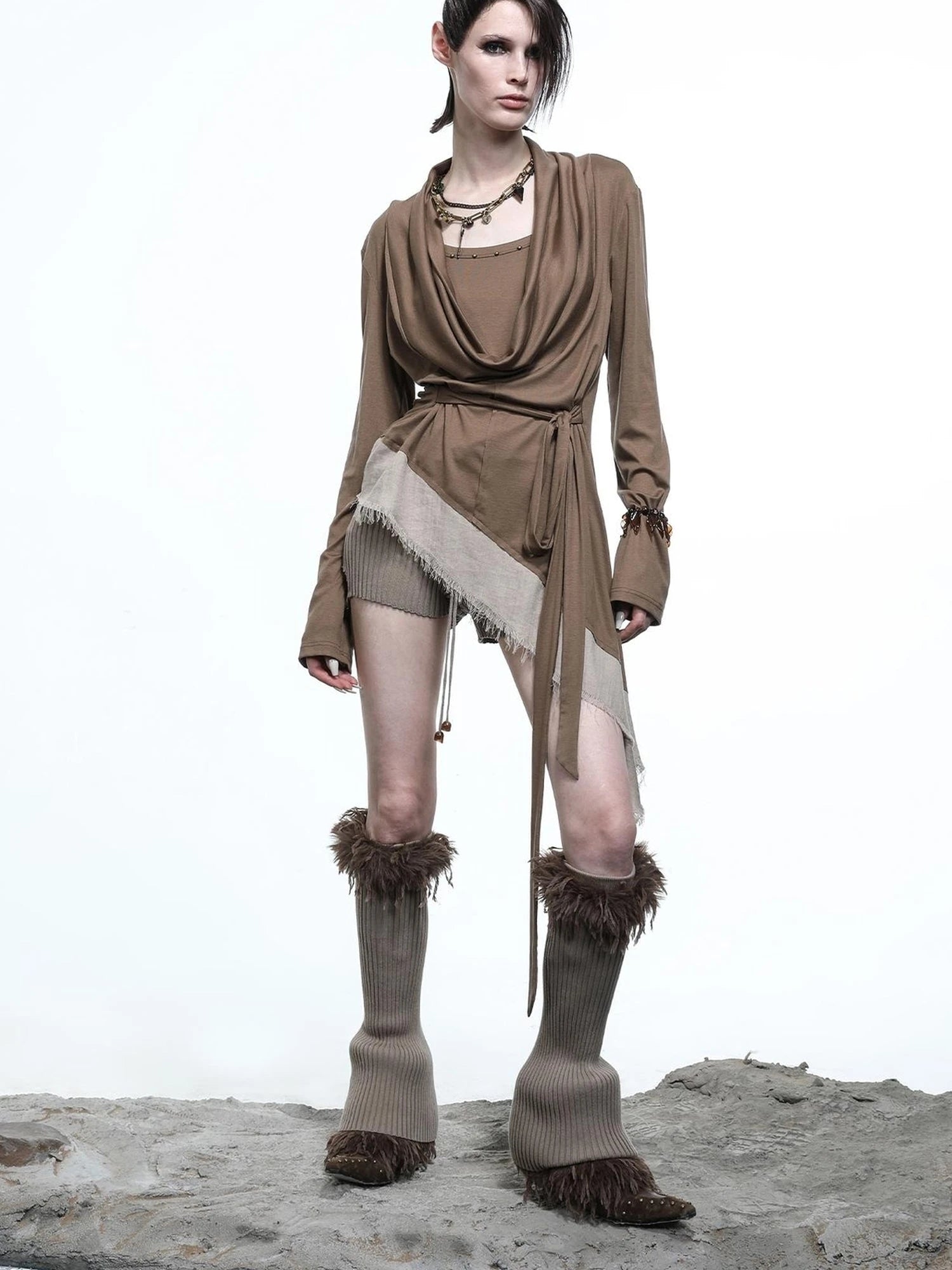 Lyocell Draped Asymmetric Hem Knit T-shirt