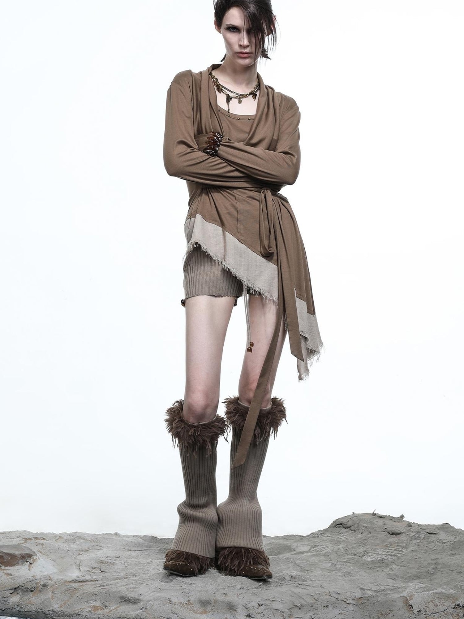 NN NORTH NODE Lyocell Draped Asymmetric Hem Knit T-shirt