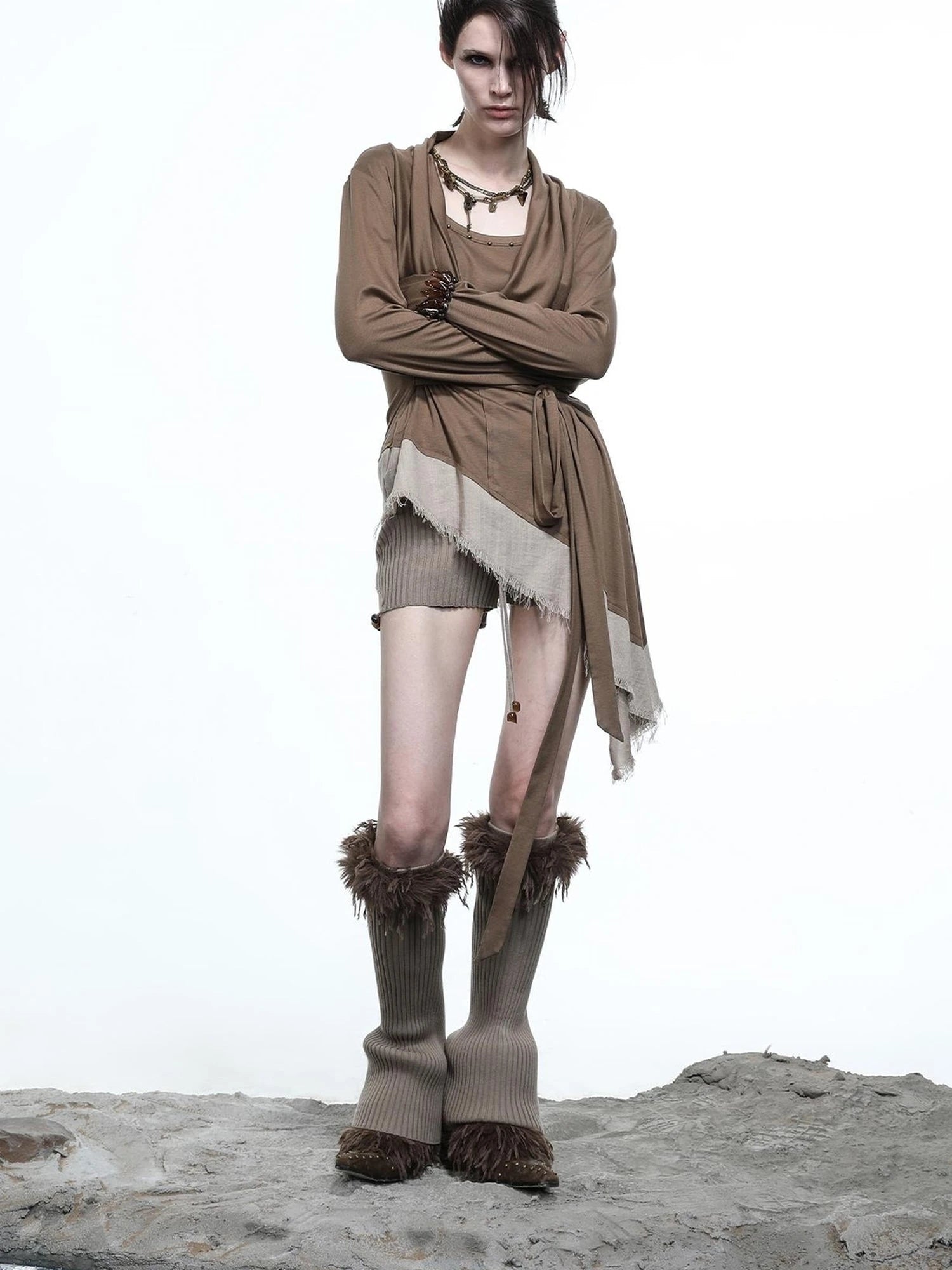 Lyocell Draped Asymmetric Hem Knit T-shirt