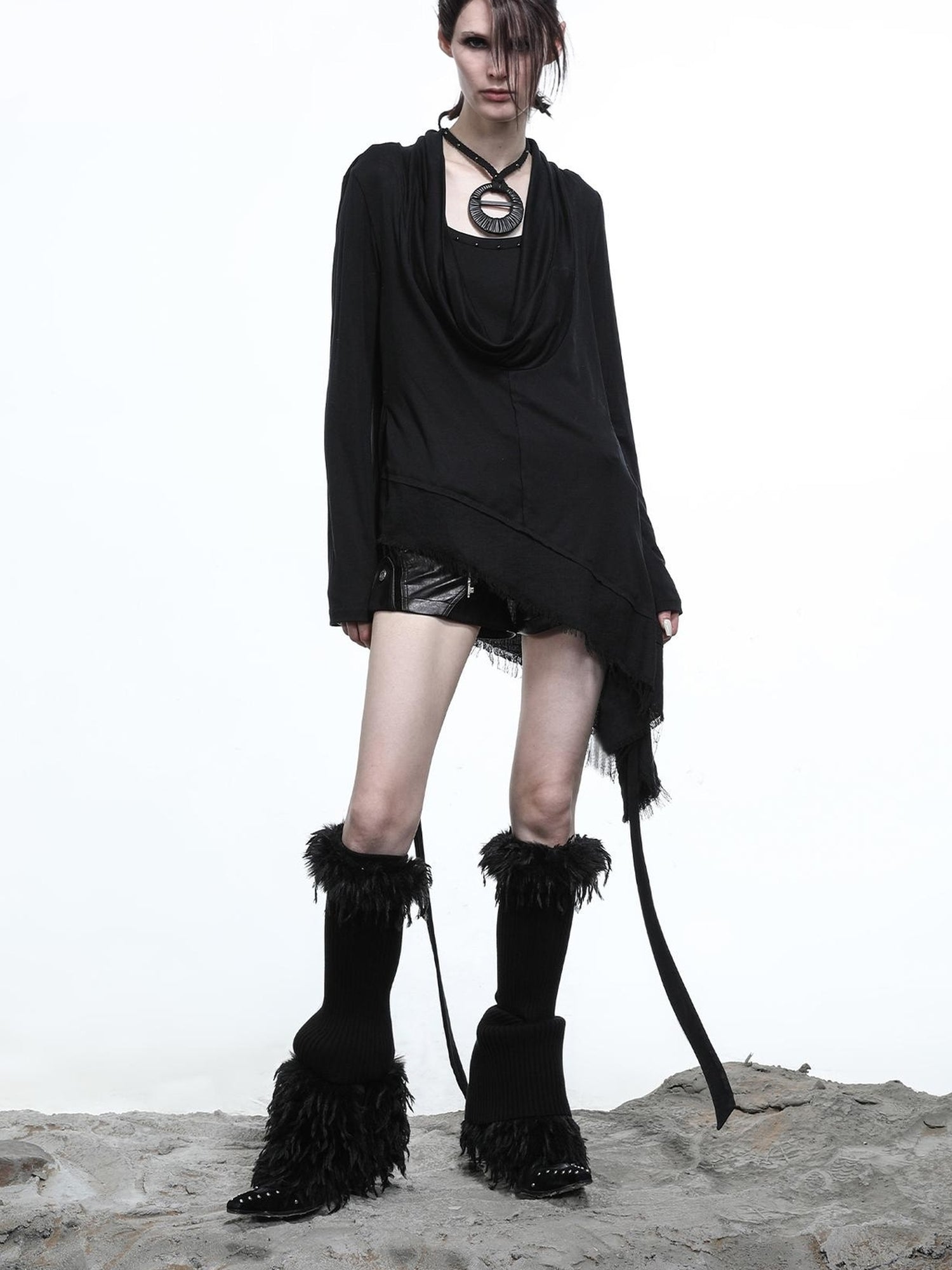 NN NORTH NODE Lyocell Draped Asymmetric Hem Knit T-shirt