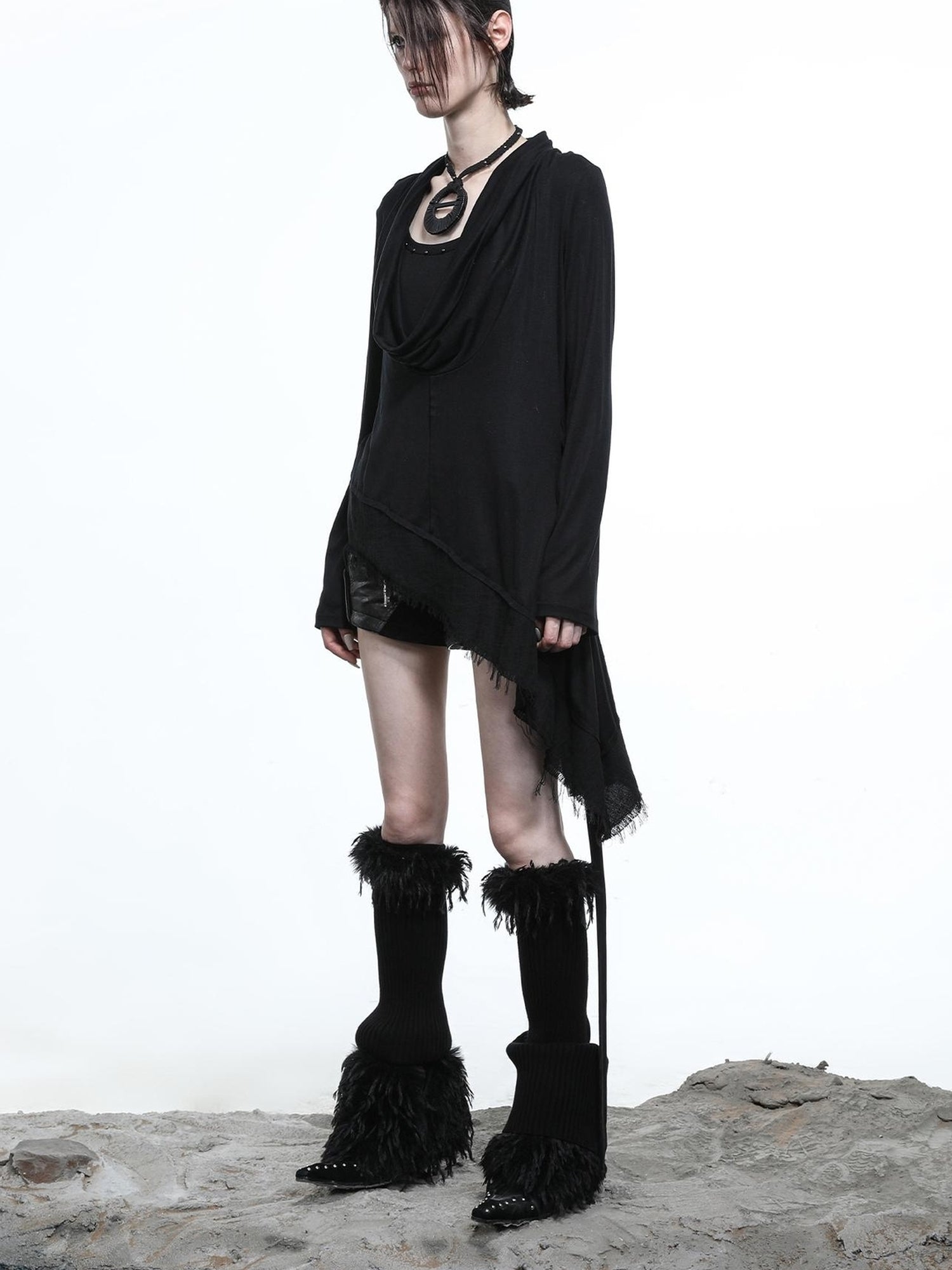 NN NORTH NODE Lyocell Draped Asymmetric Hem Knit T-shirt