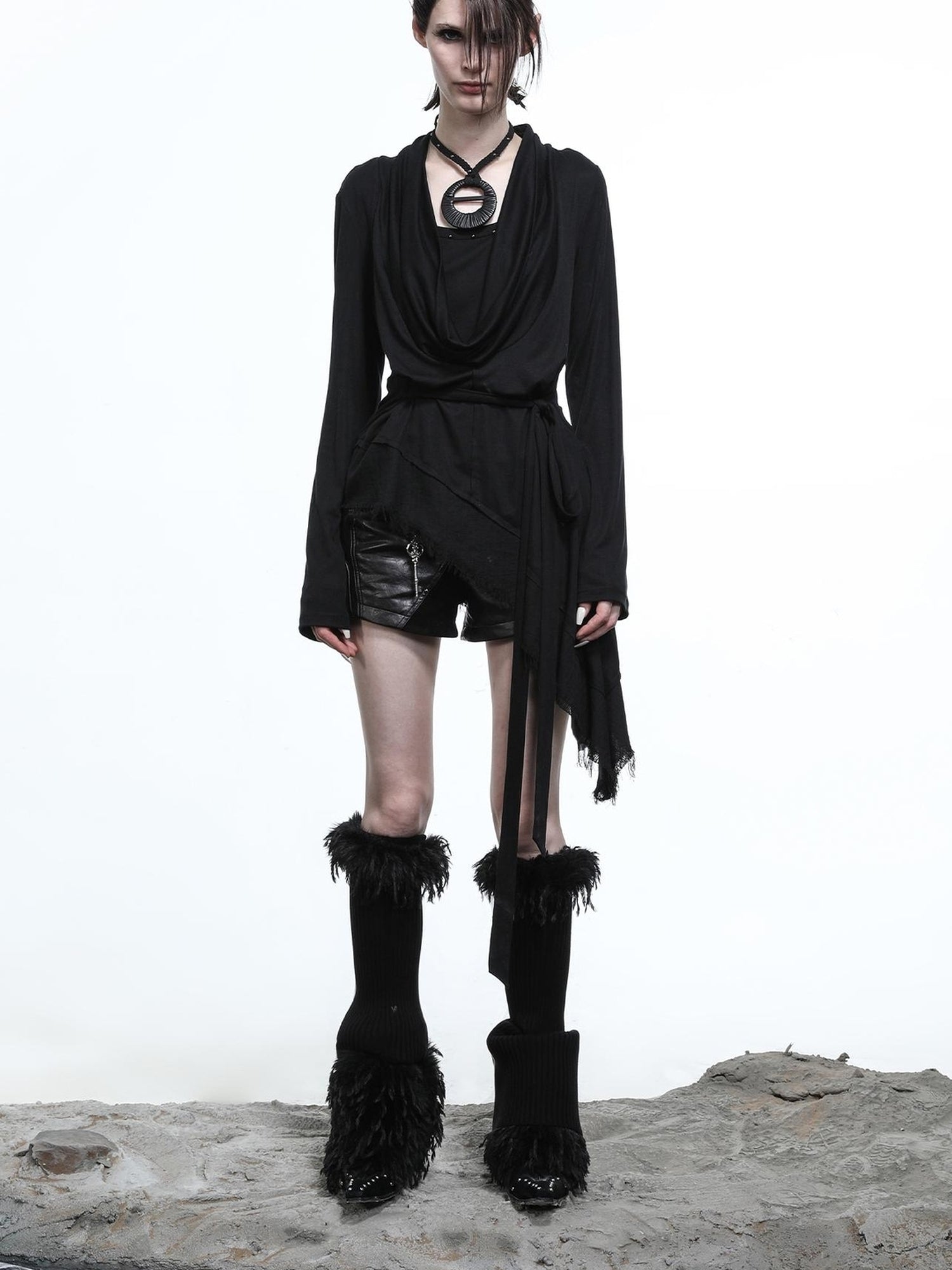 NN NORTH NODE Lyocell Draped Asymmetric Hem Knit T-shirt