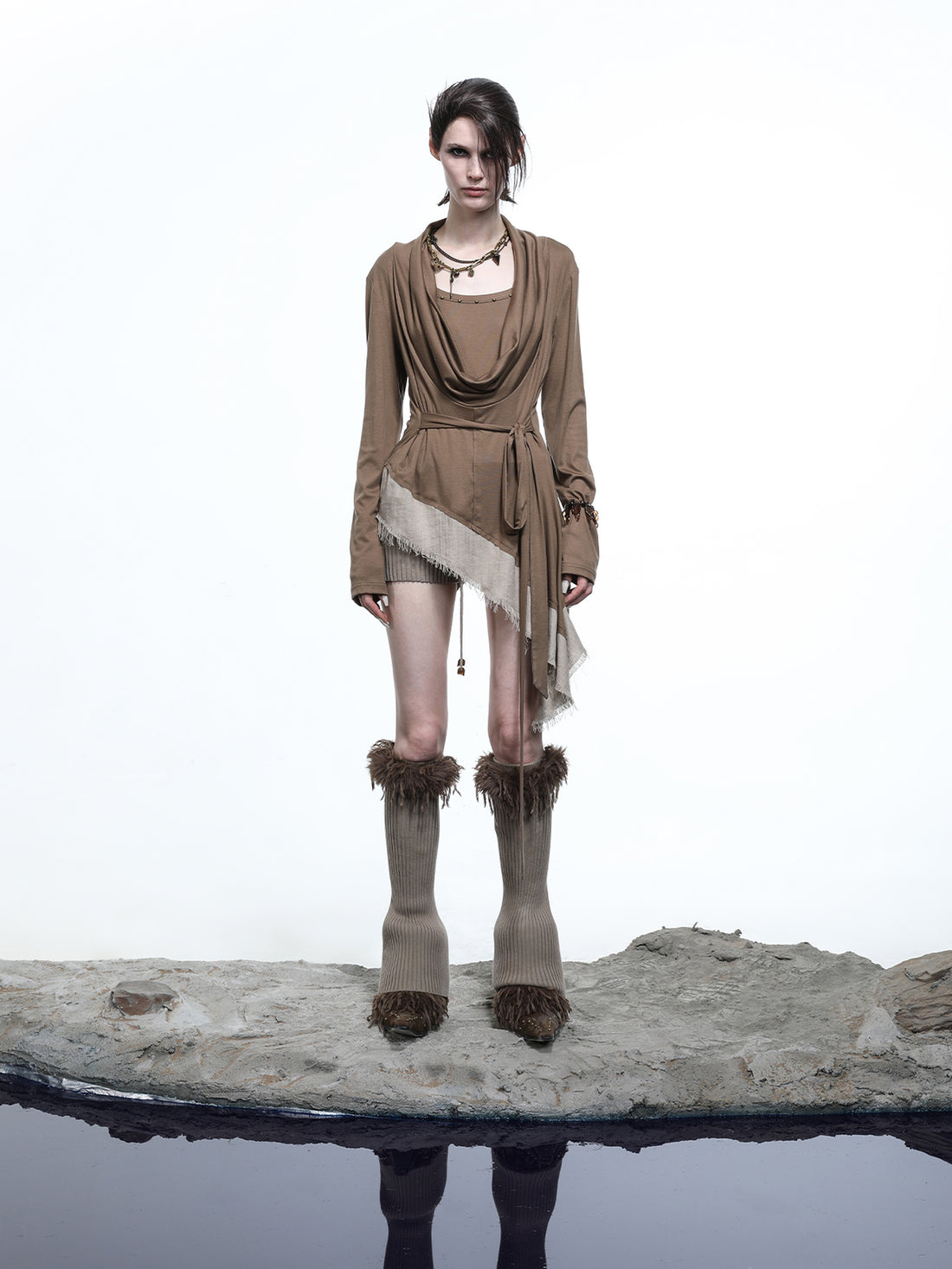 NN NORTH NODE Lyocell Draped Asymmetric Hem Knit T-shirt
