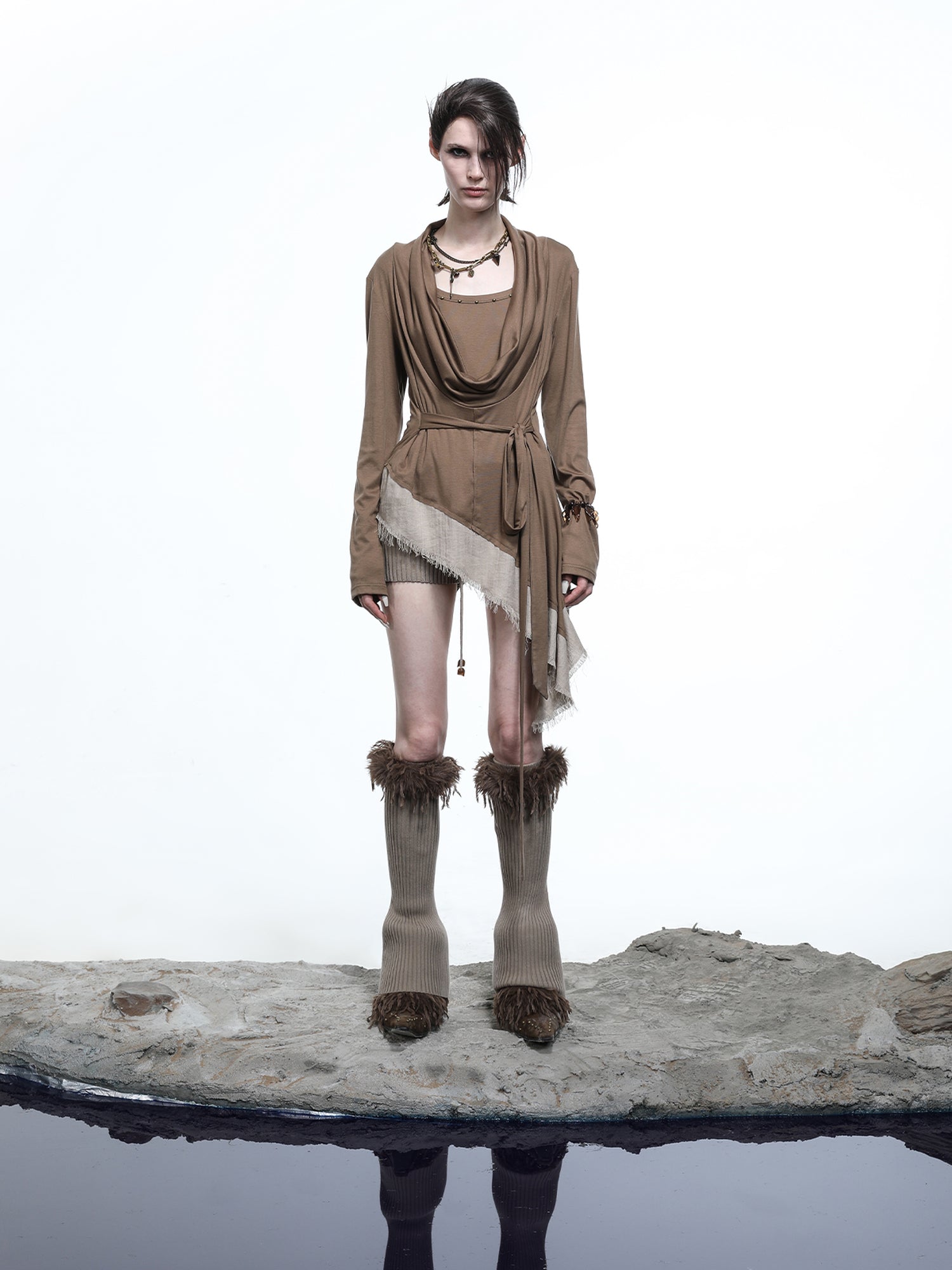 NN NORTH NODE Lyocell Draped Asymmetric Hem Knit T-shirt